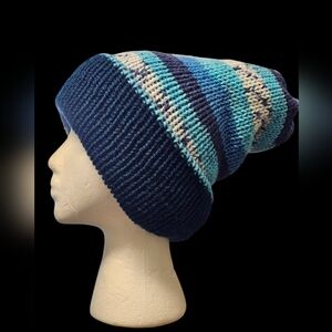 Blue and Cream Striped Knit Beanie